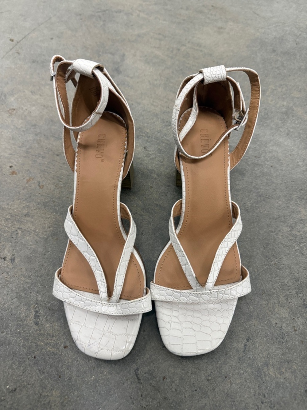 Crevo White Croc-Embossed Ankle Strap Heels